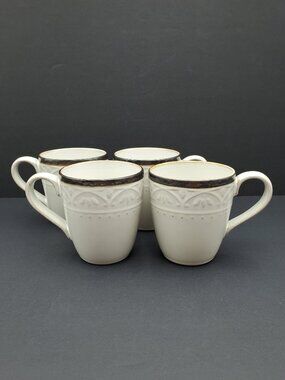 Pfaltzgraff Promenade Scroll Mugs Embossed White Mugs with Bronze Bands